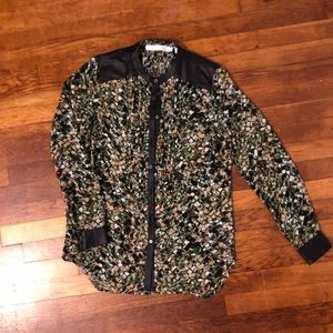 Multi Colored Blouse with Faux Leather Trim